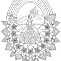 Princess Coloring Page with Rainbow and Mandala Design