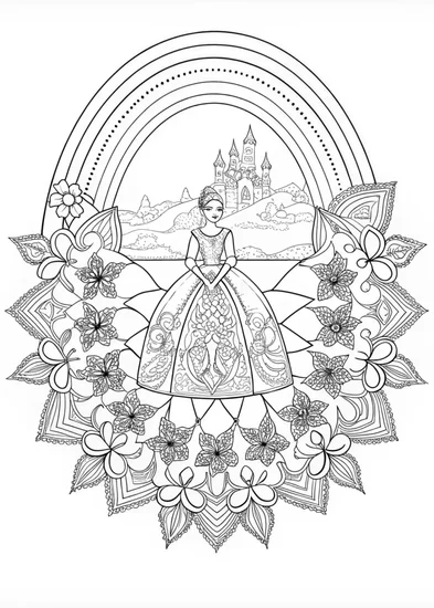 A coloring page of Princess Coloring Page with Rainbow and Mandala Design