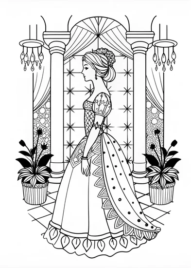A coloring page of Princess in Elegant Gown Coloring Page