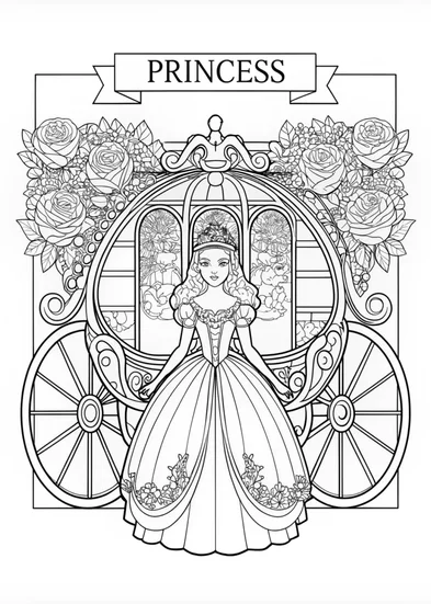A coloring page of Princess in Front of Her Carriage