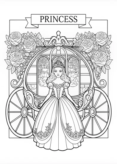 A coloring page of Princess in Front of Her Carriage