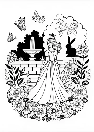A coloring page of Princess with a Crown in a Garden