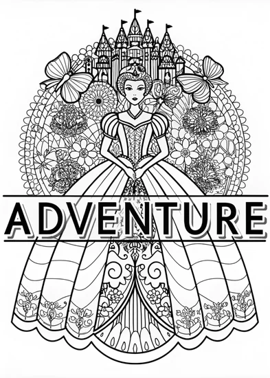 A coloring page of Princess with Ornate Fan: A Coloring Adventure