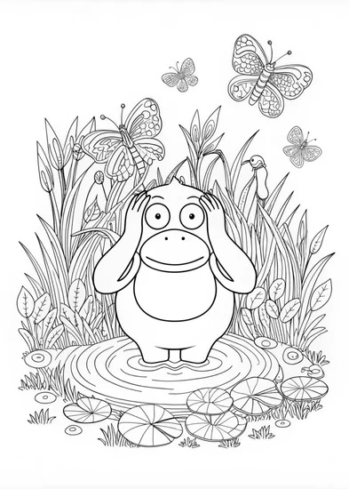 A coloring page of Psyduck by the Lake Coloring Page