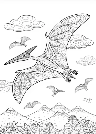 A coloring page of “Pterodactyl Soaring Through the Skies”