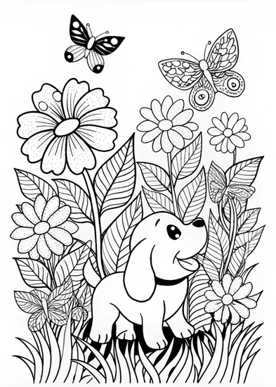 A coloring page of Puppy and Butterfly Adventure