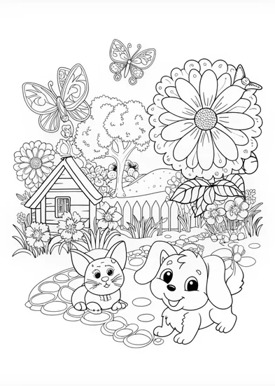 A coloring page of Puppy and Friends in a Garden Wonderland
