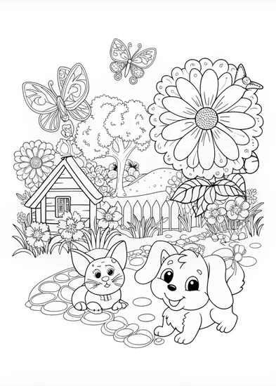 A coloring page of Puppy and Friends in a Garden Wonderland