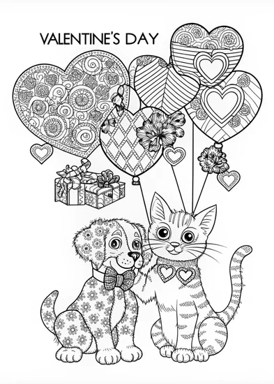 A coloring page of Puppy and Kitty Valentine’s Day Fun