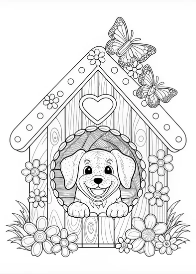 A coloring page of Puppy Cozy in His Doghouse