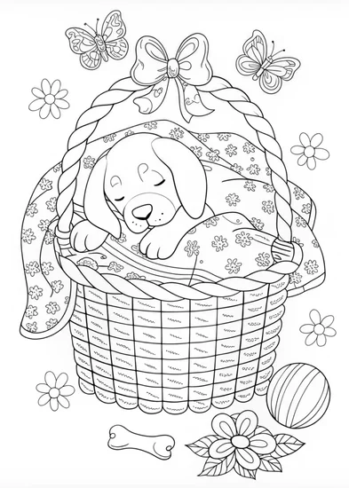 A coloring page of Puppy Snoozing in a Basket
