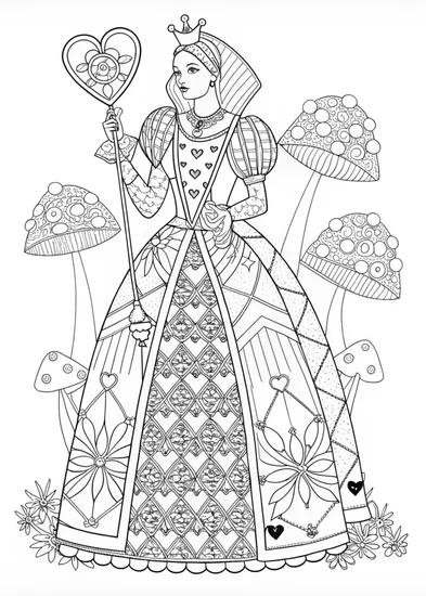 A coloring page of Queen of Hearts Coloring Page