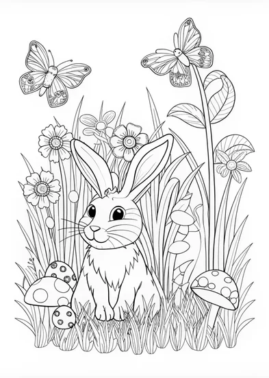 A coloring page of Whimsical Woodland Bunny Coloring Page
