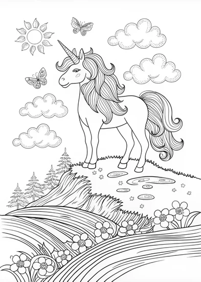 A coloring page of Majestic Unicorn in an Enchanted Meadow