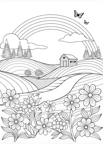 A coloring page of Rainbow Over the Peaceful Landscape
