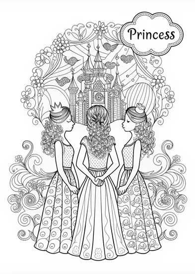 A coloring page of Regal Princesses in Ornate Crowns Coloring Page