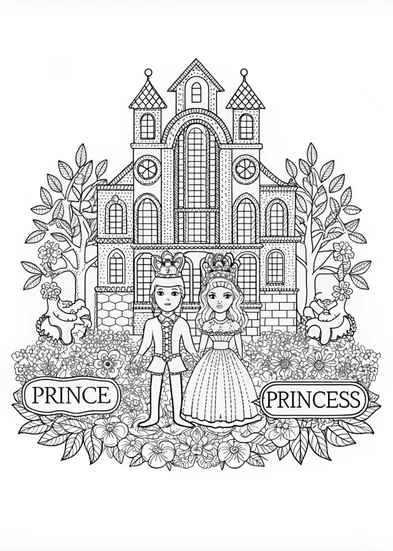 A coloring page of Royal Palace Adventure with Prince and Princess