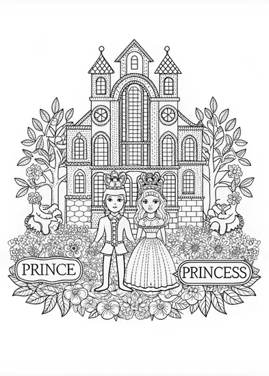 A coloring page of Royal Palace Adventure with Prince and Princess