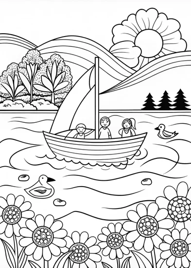 A coloring page of Sailing Adventure on a Serene Lake