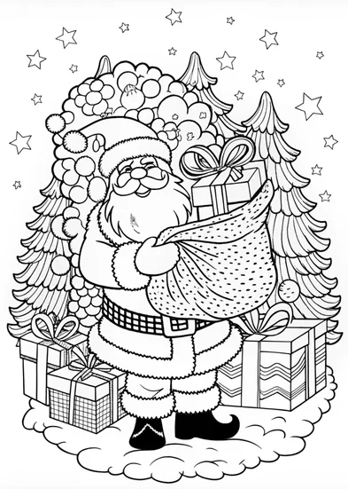 A coloring page of Santa Claus with a Gift