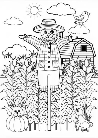 A coloring page of Scarecrow in the Cornfield: A Coloring Adventure