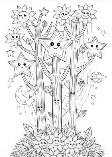 A coloring page of Starry Night in the Enchanted Forest