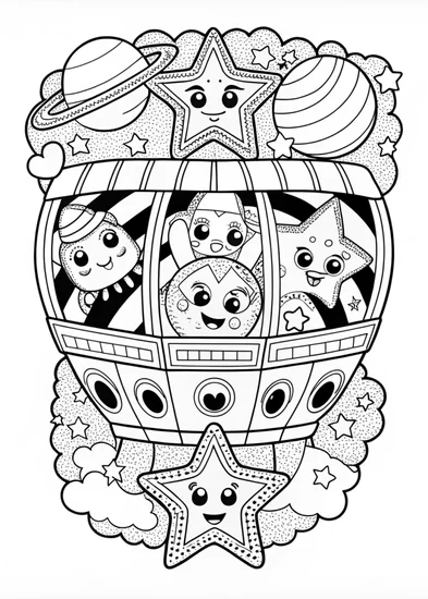 A coloring page of UFO Adventure in a Starry Mountain Landscape
