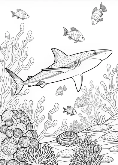 A coloring page of Shark’s Adventure at Sea Coloring Page