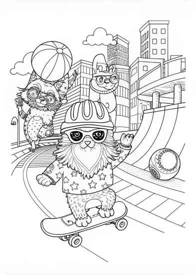 A coloring page of Skateboarding Fluffy Cat Adventure