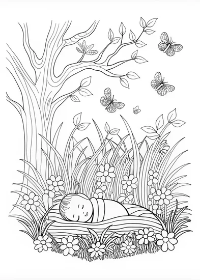 A coloring page of Slumbering Baby Amidst Nature
