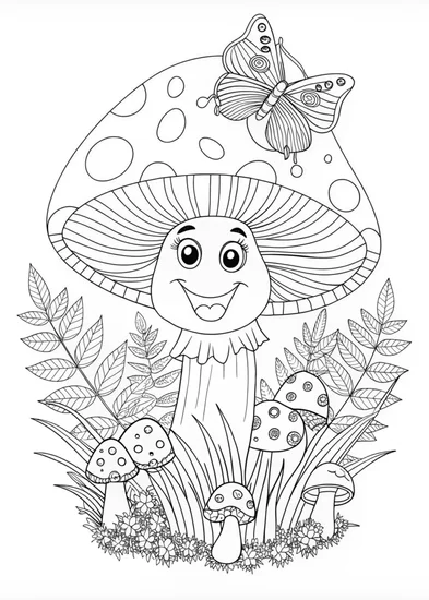 A coloring page of Magical Mushroom in the Forest