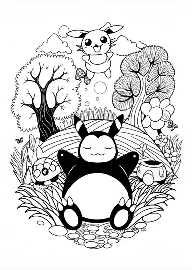 A coloring page of Snorlax in the Mountains Coloring Page