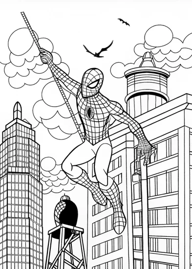 A coloring page of Spiderman in Pursuit
