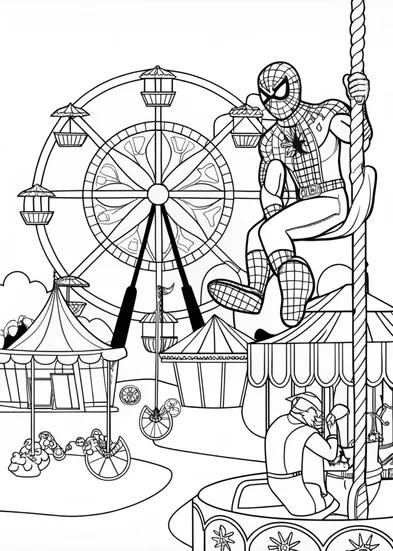 A coloring page of Spider-Man at the amusement park