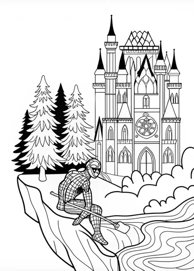 A coloring page of Spiderman in Front of a Castle
