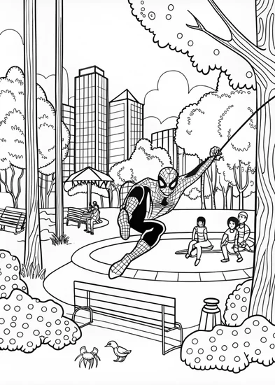 A coloring page of Spider-Man Ready for Action in the City