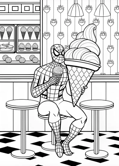 A coloring page of Spider-Man Enjoying Ice Cream on the Rooftop