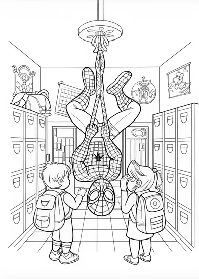 A coloring page of Spiderman at School