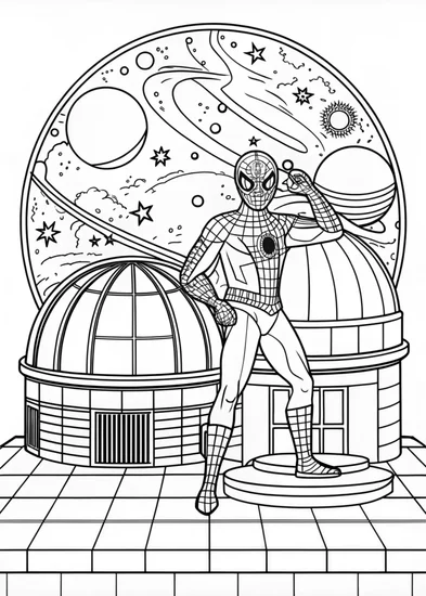 A coloring page of Spider-Man at the space observatory
