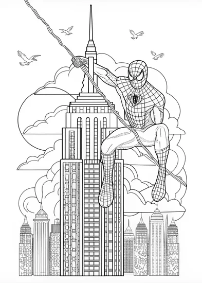A coloring page of Spider-Man in the City Rooftops