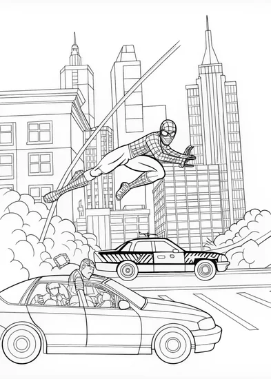 A coloring page of Spider-Man Leaps Through the City