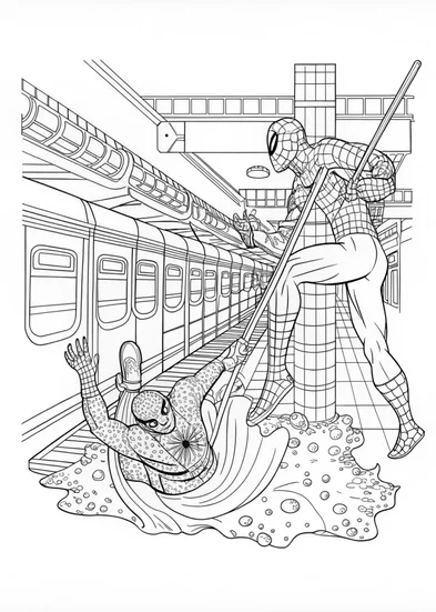 A coloring page of Spider-Man in the Subway Adventure Coloring Page