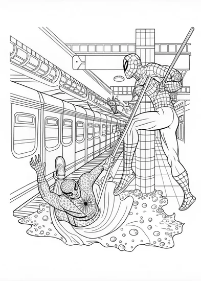 A coloring page of Spider-Man in the Subway Adventure Coloring Page