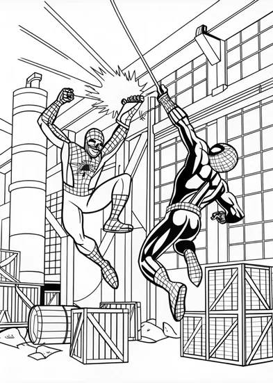 A coloring page of Spider-Man in Action: Warehouse Battle Coloring Page