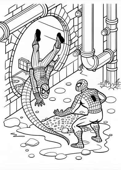 A coloring page of Spiderman fighting in the sewers