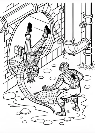 A coloring page of Spiderman fighting in the sewers