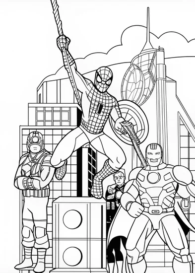 A coloring page of Spider-Man at Stark Tower