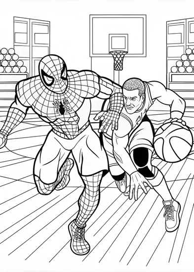 A coloring page of Spider-Man Basketball Action Coloring Page