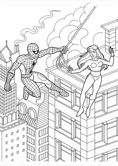 A coloring page of Spider-Man Web-Slinging Over City Rooftops Coloring Page