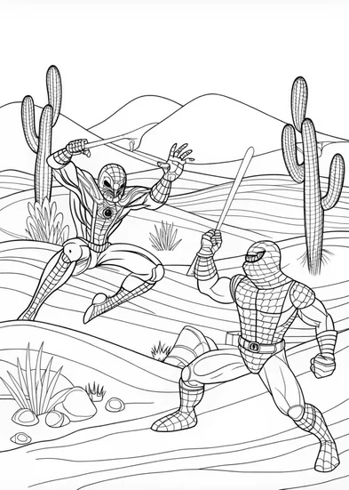 A coloring page of Spiderman fighting Scorpion